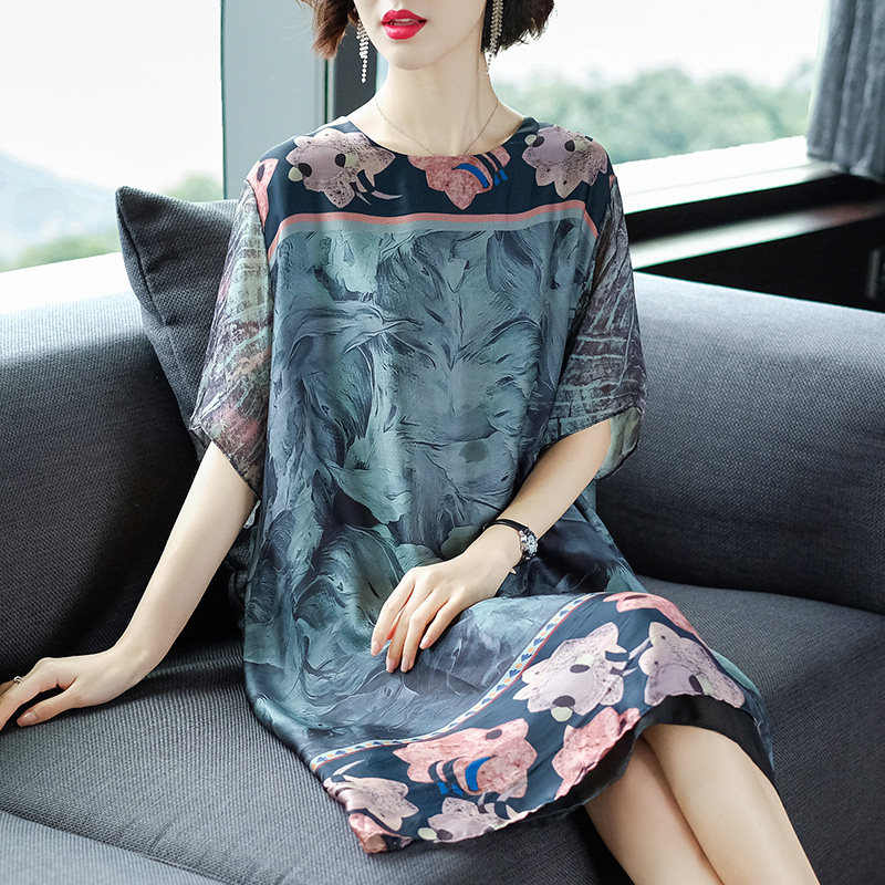 パーティードレス 花柄切替デザイン五分袖シルク調ワンピース