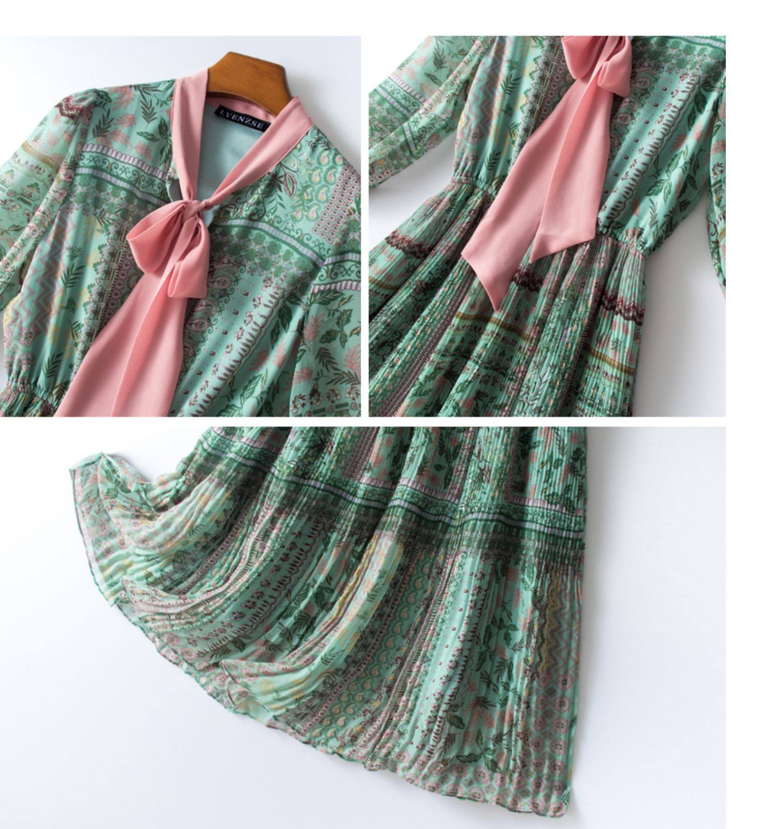 パーティードレス リボンタイ付きボタニカル柄プリーツロングワンピース