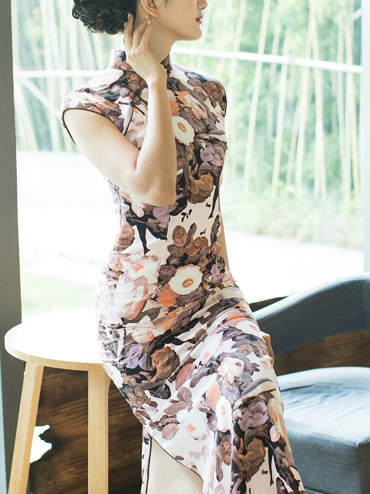 パーティードレス 花柄チャイナ風スタンドカラーロングワンピース