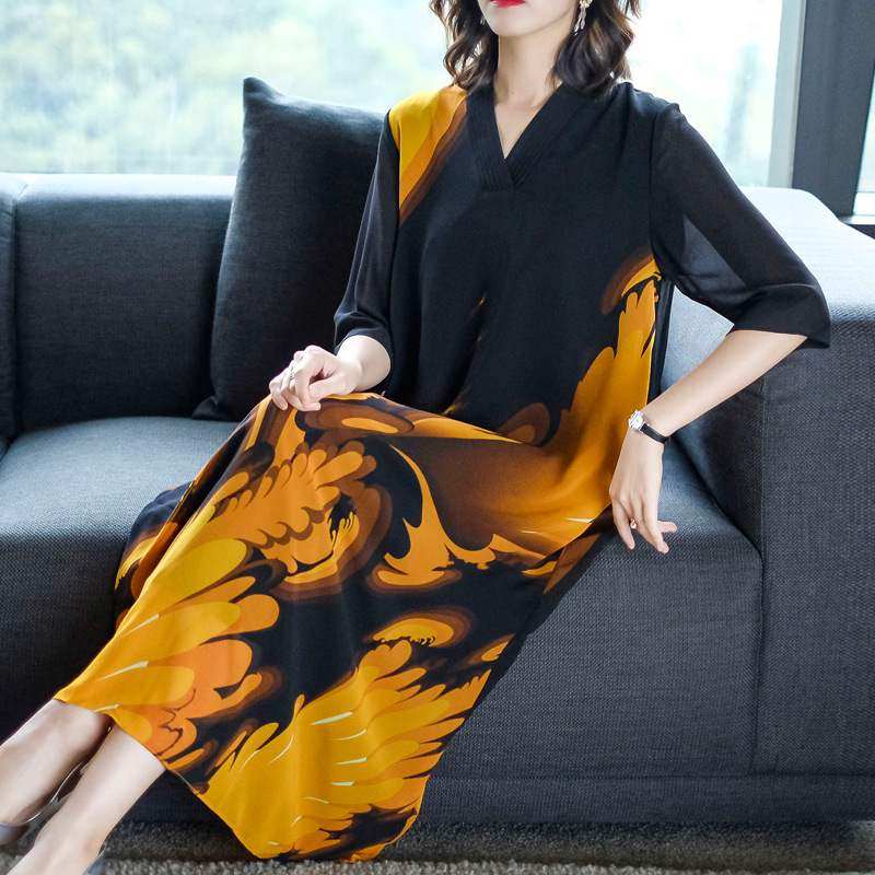 パーティードレス 和風抽象柄五分袖深襟ロング丈ワンピース