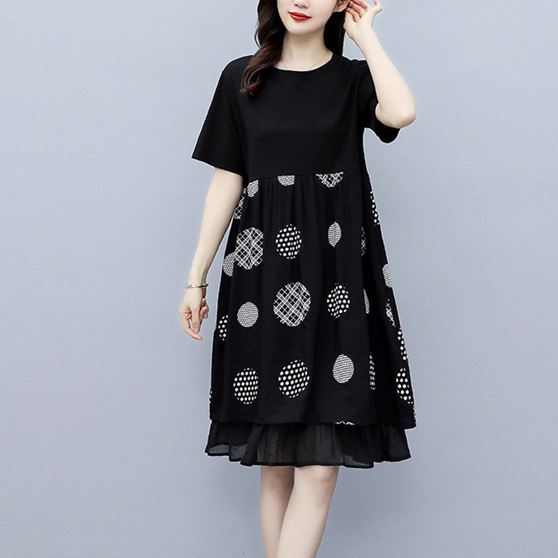 パーティードレス 幾何学模様の二重裾デザイン半袖ワンピース