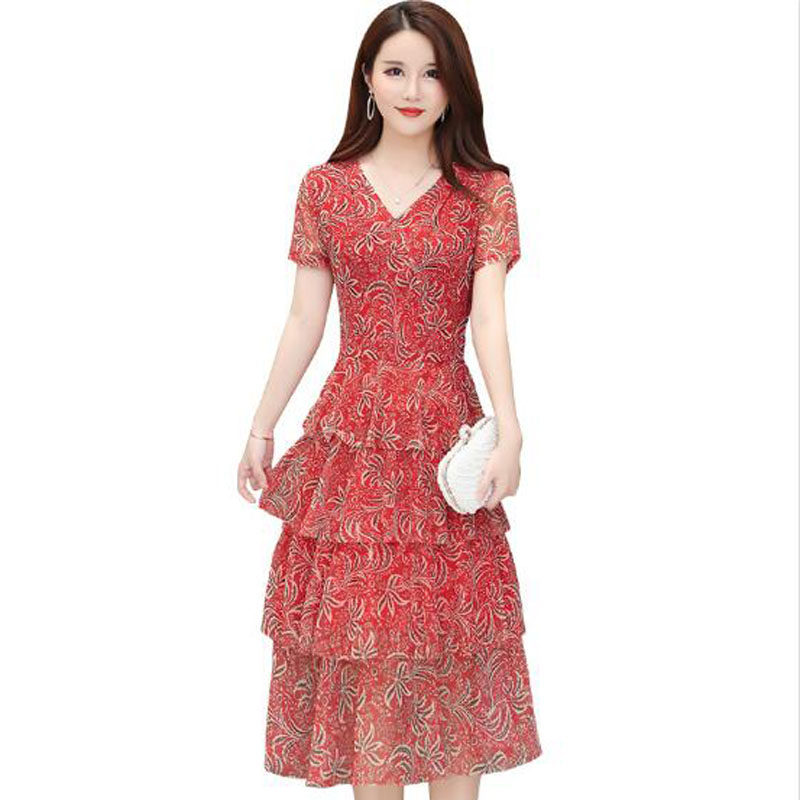 パーティードレス 総刺繍レース半袖ブイネックミディ丈ワンピース