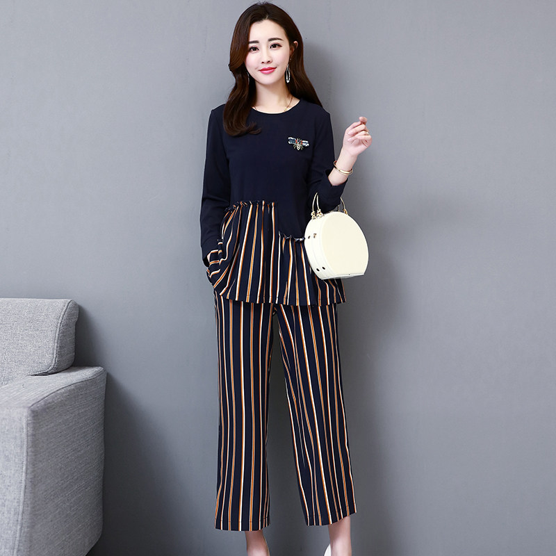 パーティードレス ビジュー付き長袖トップスとストライプパンツの二点セット