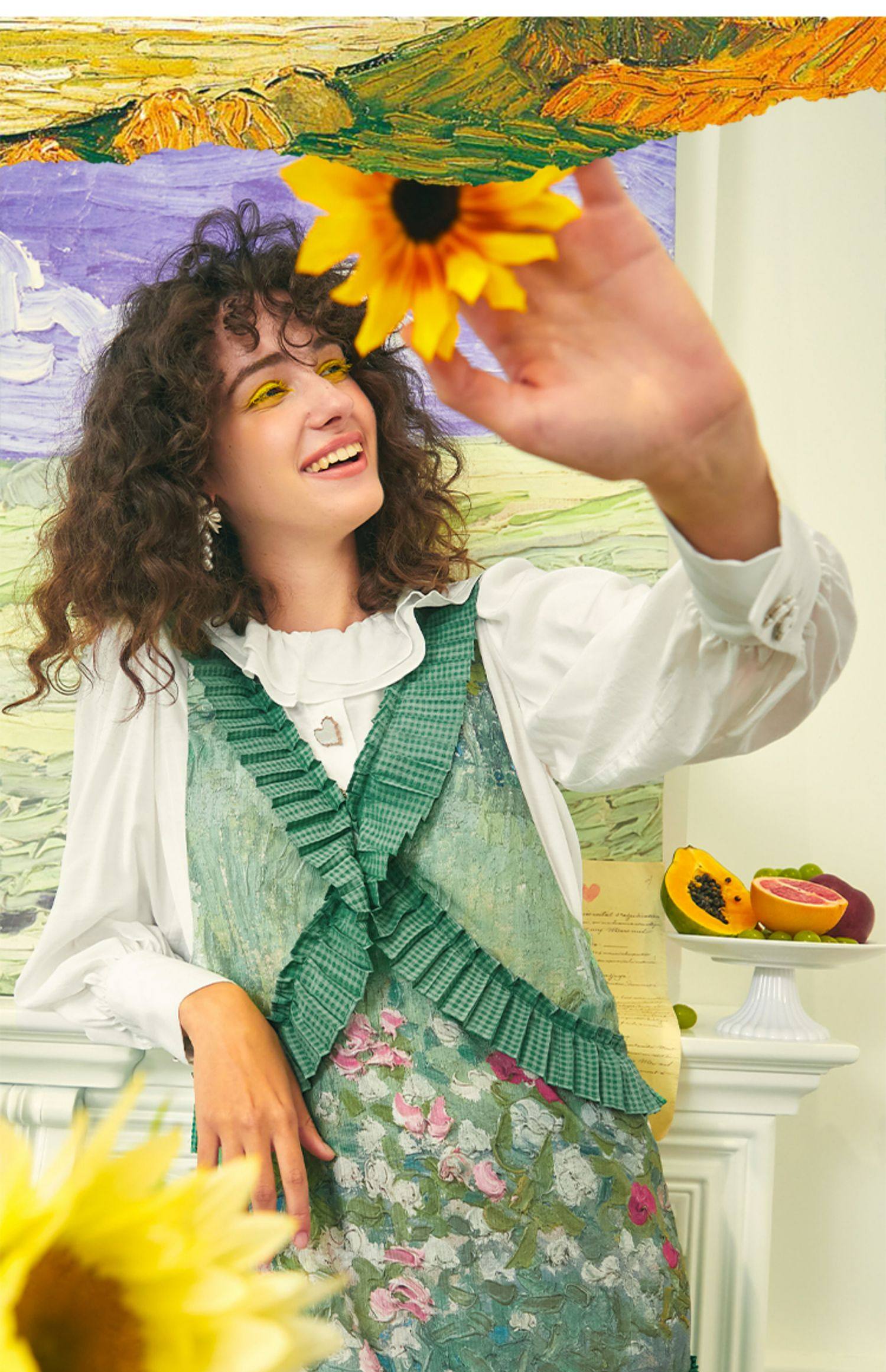 パーティードレス 花柄レース切替プリーツフリルベスト付きワンピース