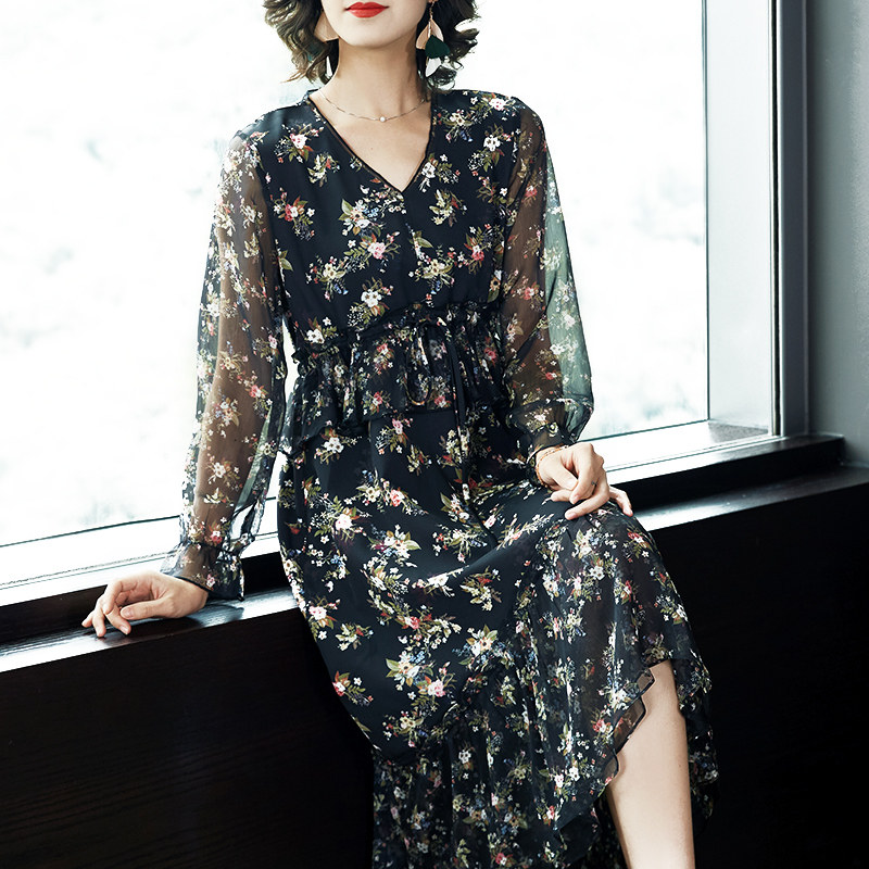 パーティードレス 小花柄シフォンリボンネック長袖ワンピース