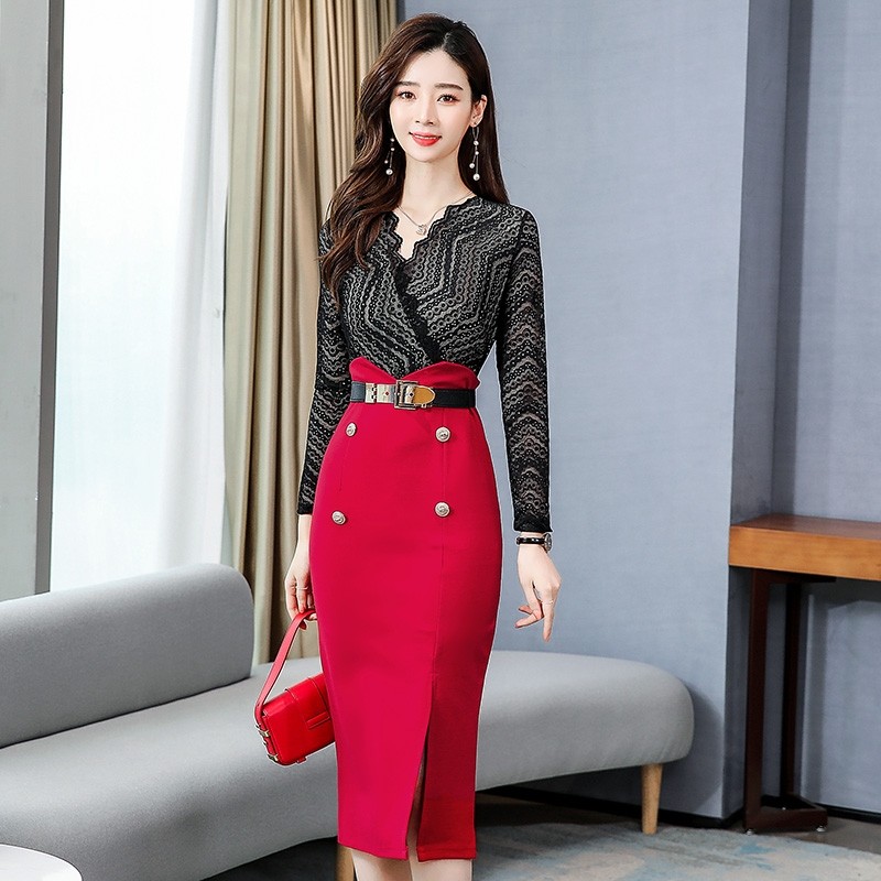 パーティードレス 光沢レース切替タイトスリット入りワンピース