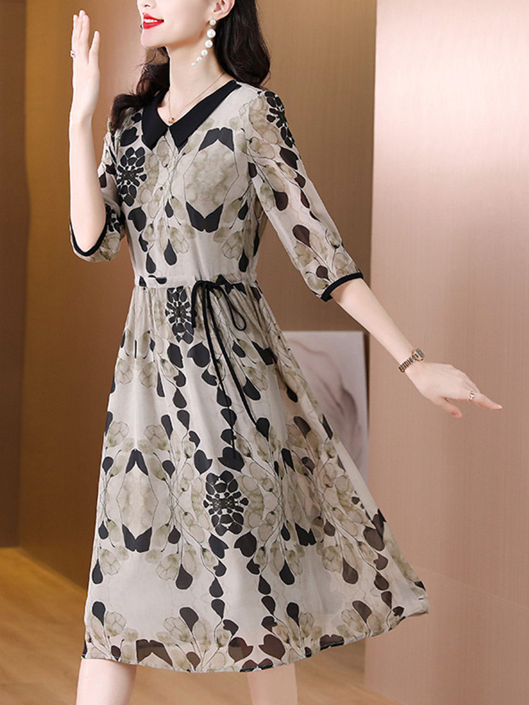 パーティードレス 大人の花柄シフォン五分袖ウエストリボンワンピース