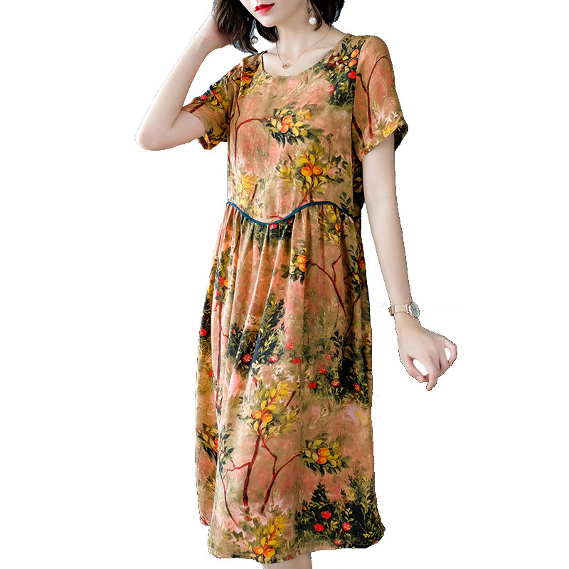 パーティードレス 花柄プリント半袖ウエスト切替ミディ丈ワンピース