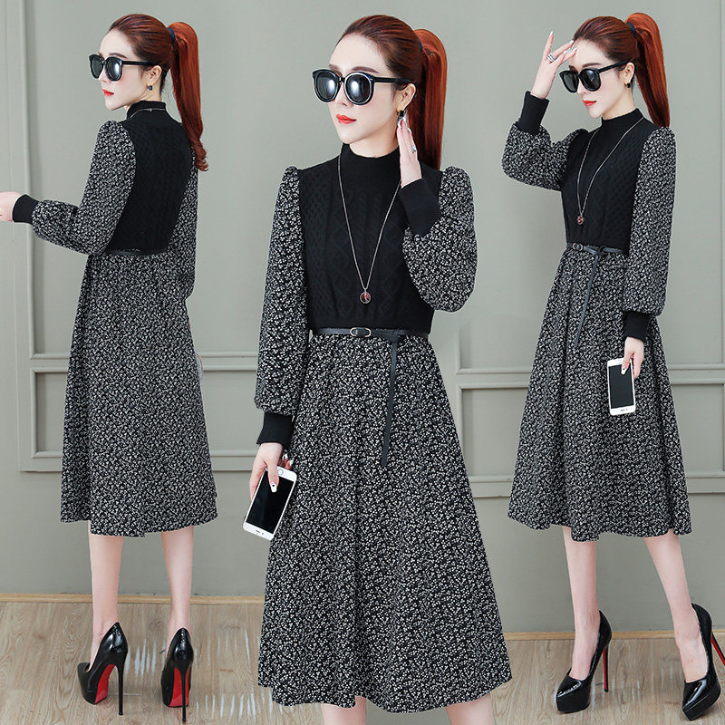 パーティードレス 小花柄切替ニット使いハイネック長袖ワンピース