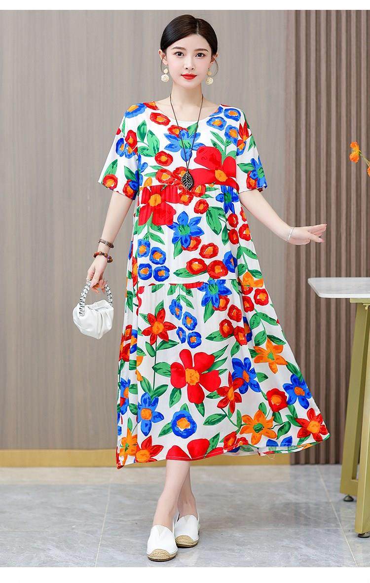 パーティードレス 小花柄丸首半袖ティアード切替ロング丈ワンピース