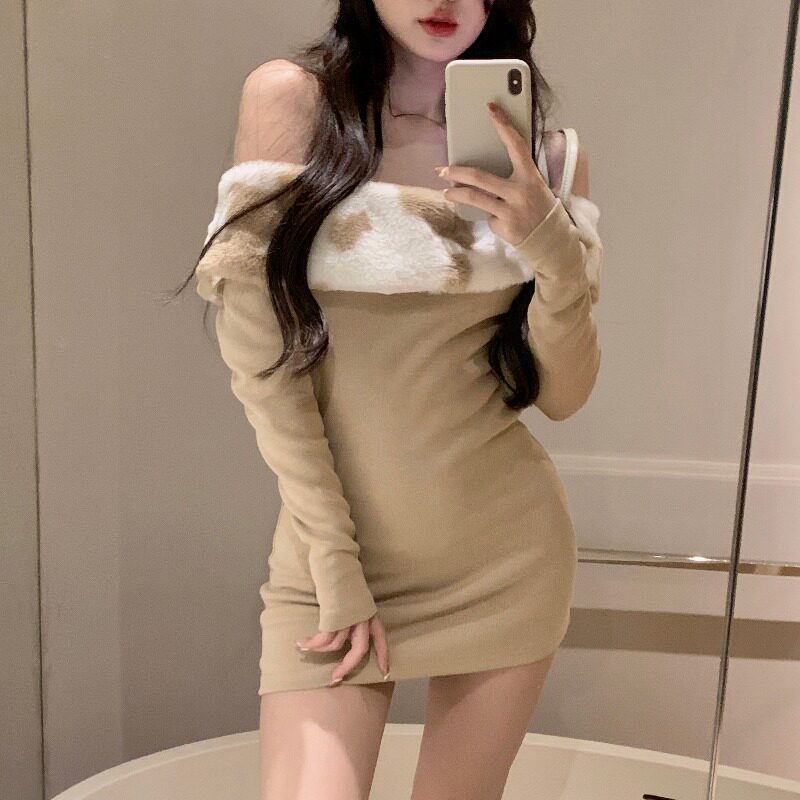 パーティードレス ファー付きオフショルダータイトミニワンピース