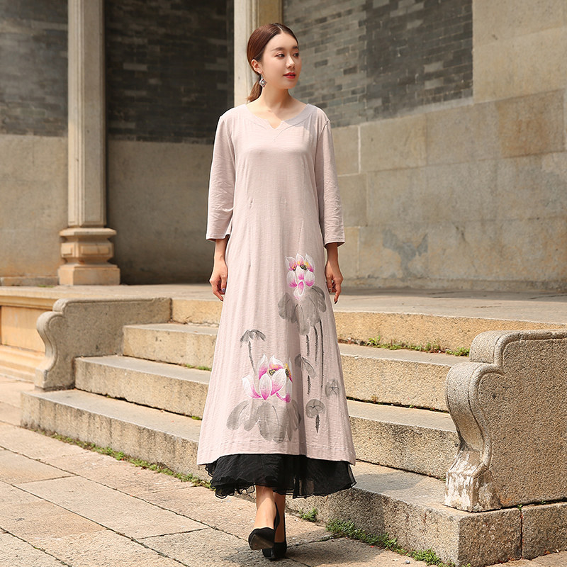 パーティードレス 蓮の花刺繍レース裾重ね着風長袖ワンピース