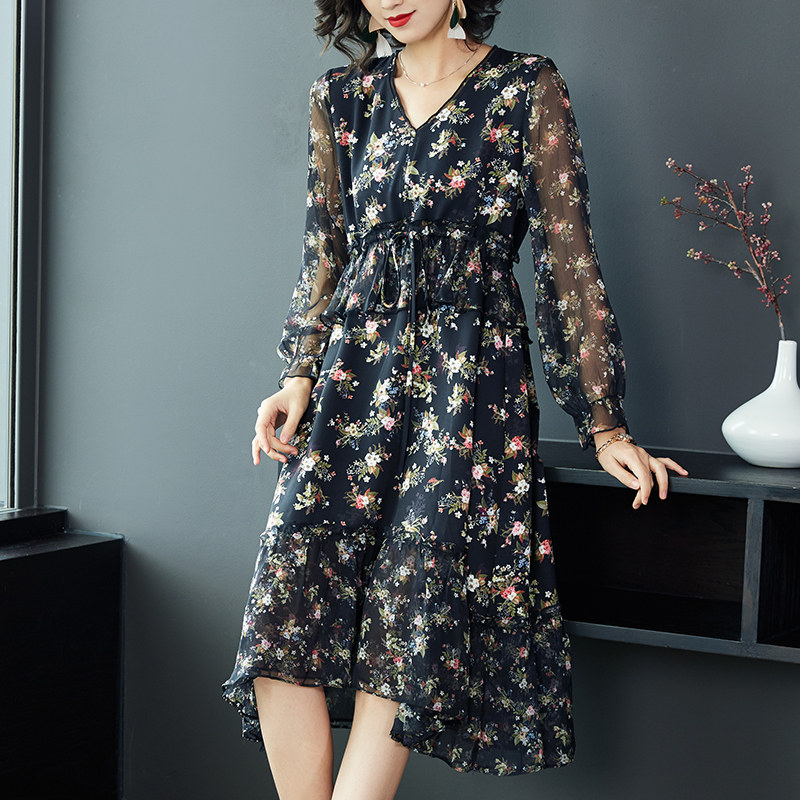 パーティードレス 小花柄シフォンリボンネック長袖ワンピース