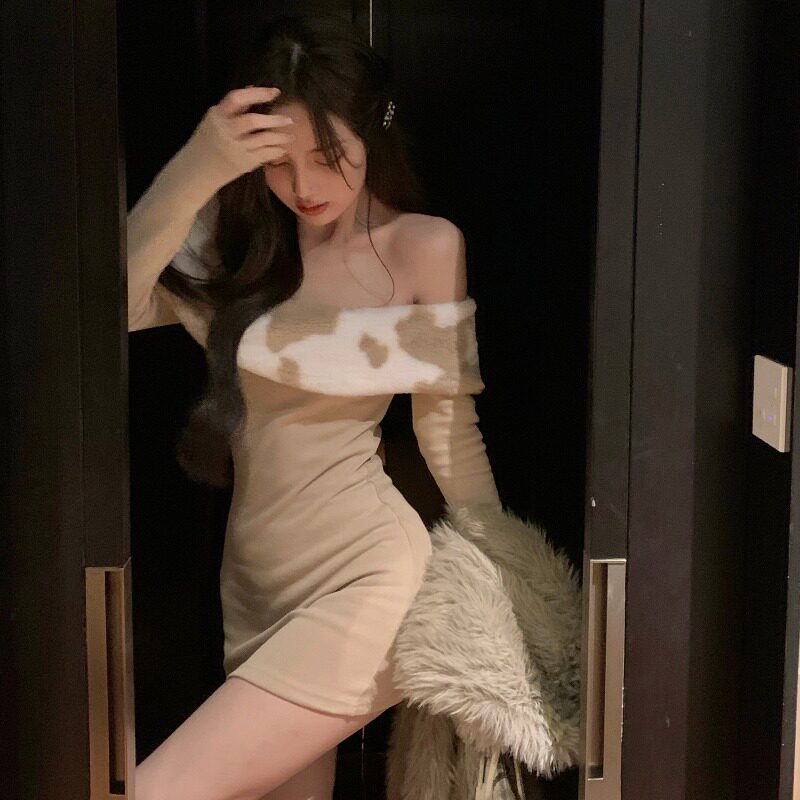 パーティードレス ファー付きオフショルダータイトミニワンピース