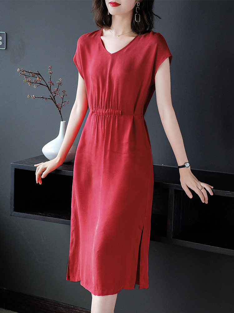 パーティードレス ウエストギャザー半袖膝丈上品ワンピース