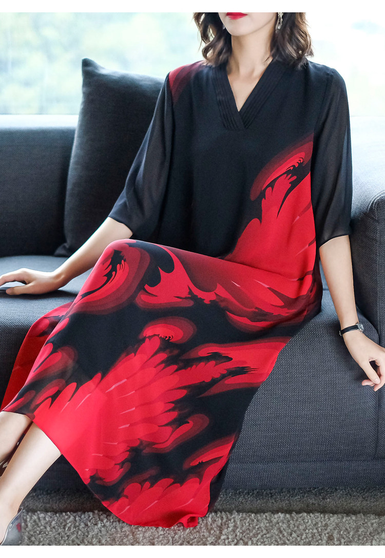 パーティードレス 和風抽象柄五分袖深襟ロング丈ワンピース