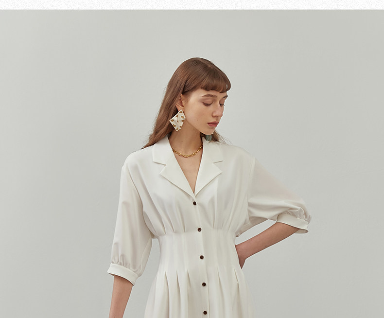 パーティードレス 襟付きシャツ風ウエストギャザーロング丈ワンピース