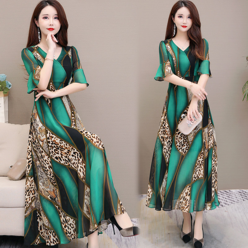 パーティードレス 豹柄スカーフ柄シフォンフレア袖ロング丈ワンピース
