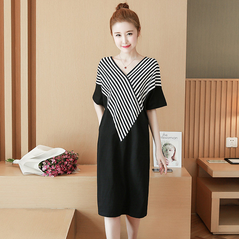 パーティードレス 斜めストライプ切替ブイネック五分袖ワンピース