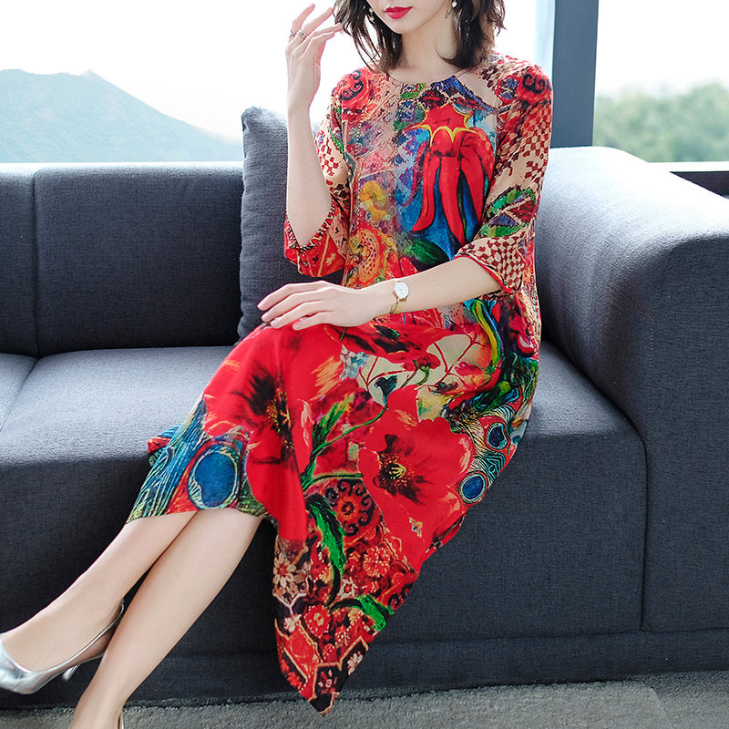 パーティードレス 華やか花柄孔雀羽根模様七分袖膝丈ワンピース