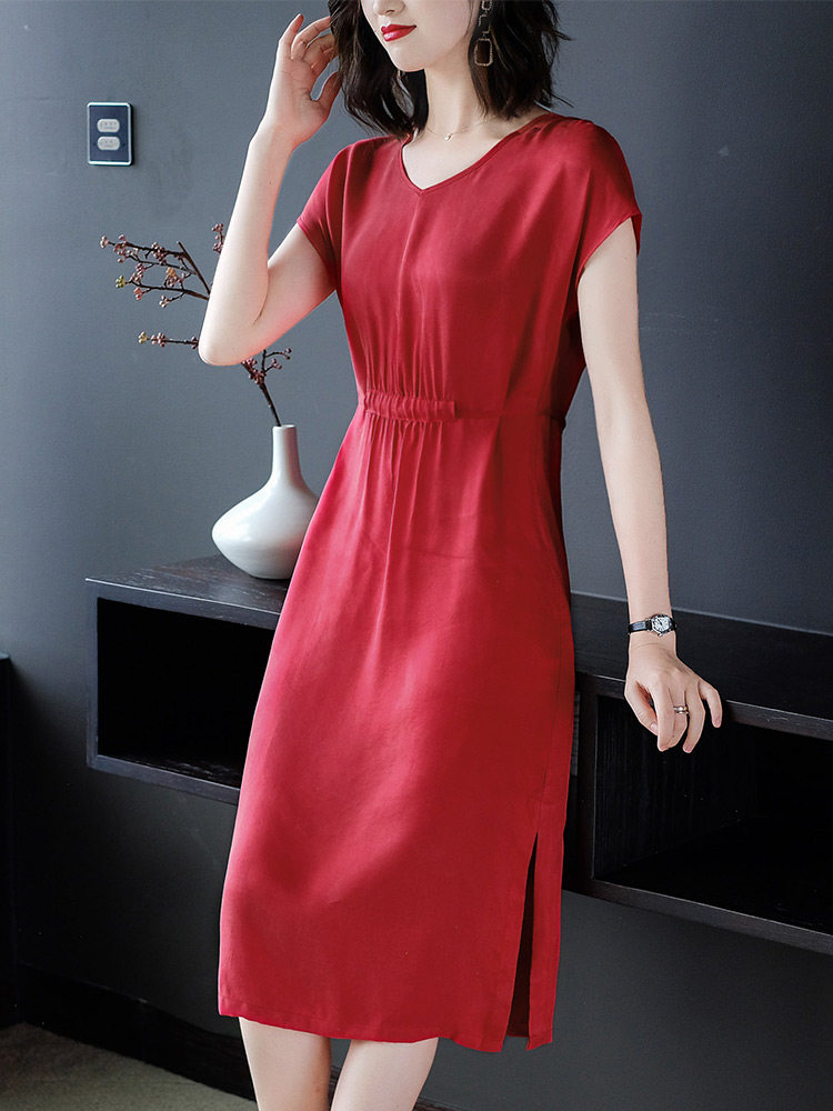 パーティードレス ウエストギャザー半袖ブイネックワンピース