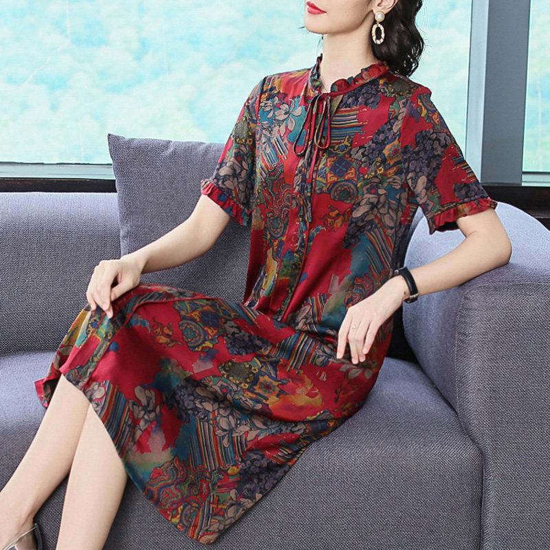 パーティードレス レトロ花柄シフォン五分袖リボン付きワンピース