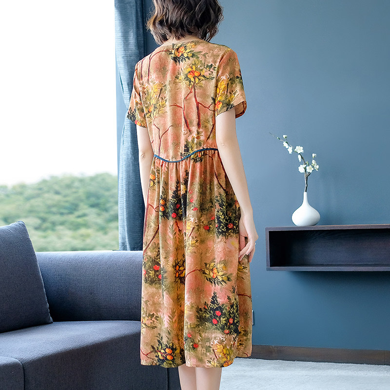 パーティードレス 花柄プリント半袖ウエスト切替ミディ丈ワンピース