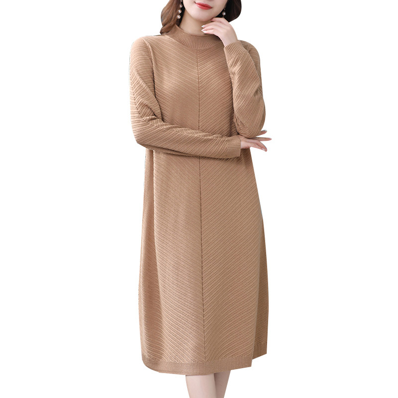 パーティードレス 上品ニット素材のハイネック長袖ワンピース