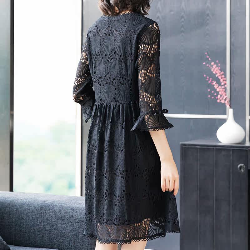 パーティードレス 総レース刺繍フレア袖Vネックワンピース