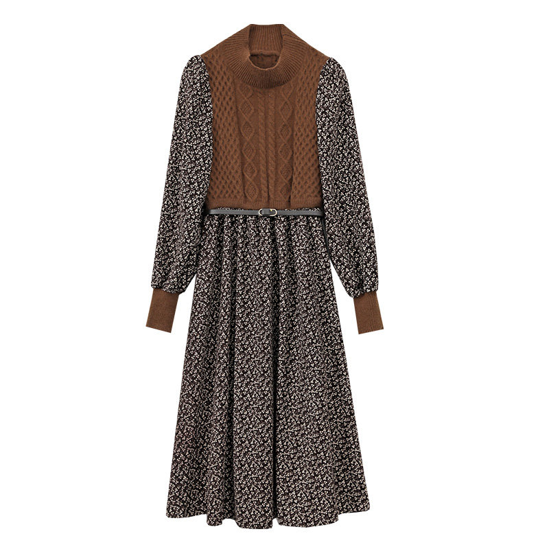 パーティードレス 小花柄切替ニット使いハイネック長袖ワンピース