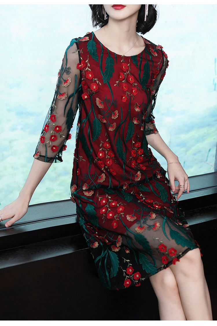 パーティードレス 花刺繍シースルー袖エレガントワンピース