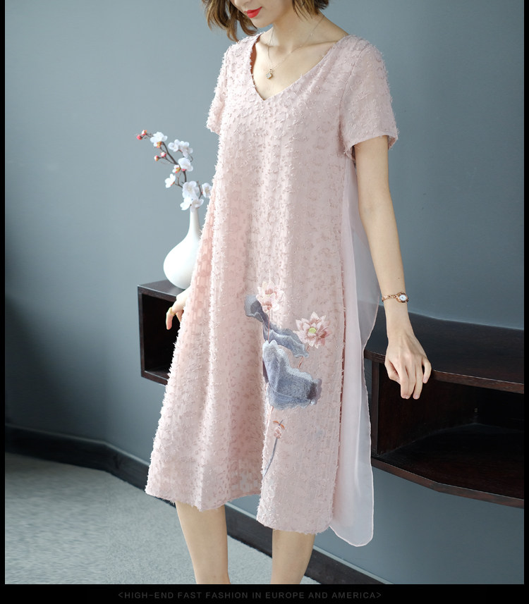 パーティードレス 花鳥刺繍シフォン重ね襟付きワンピース