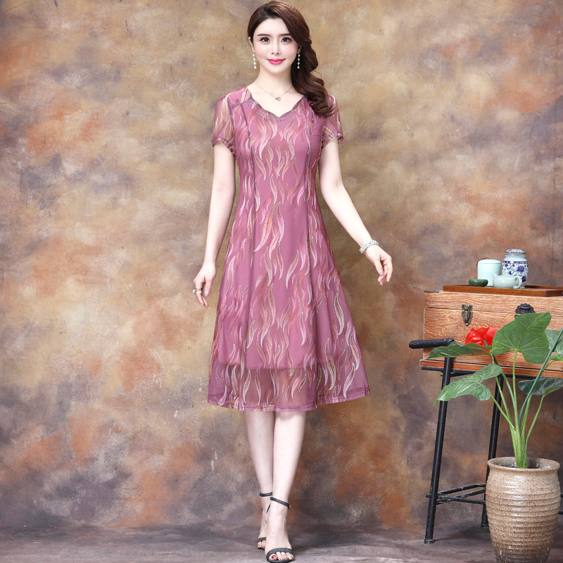 パーティードレス 波模様シフォン重ね襟付き半袖膝丈ワンピース