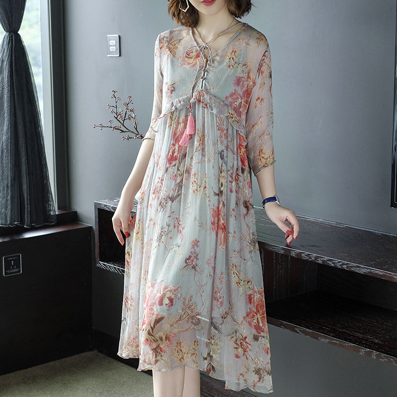 パーティードレス 花柄シフォン素材エレガント膝丈ワンピース