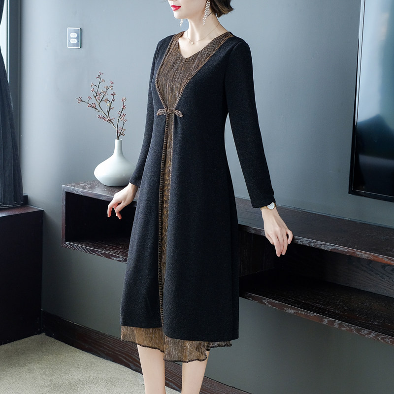 パーティードレス 異素材切替えリボンデザイン長袖ワンピース