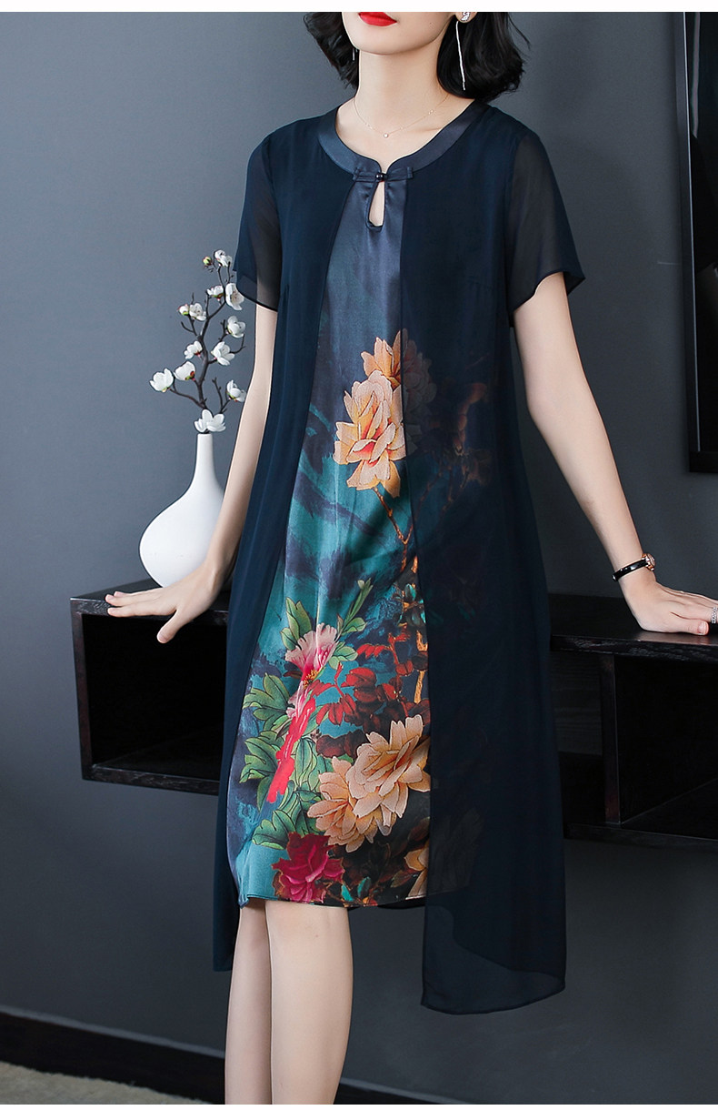 パーティードレス 大輪花柄シフォン切替半袖膝丈ワンピース