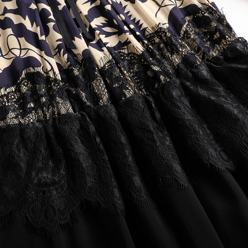 パーティードレス 花柄刺繍レース袖付きシフォン切替ワンピース