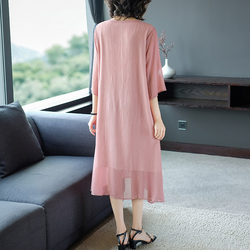 パーティードレス 花刺繍が華やぐ中華風七分袖ロングワンピース