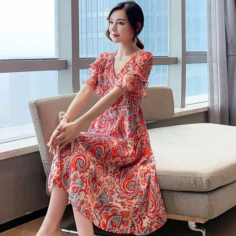 パーティードレス ペイズリー柄フレア袖五分袖ウエストマーク膝丈ワンピース