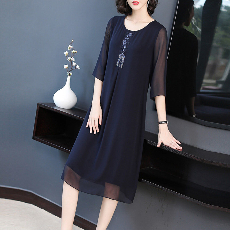 パーティードレス ビジュー刺繍シフォン袖エレガントワンピース