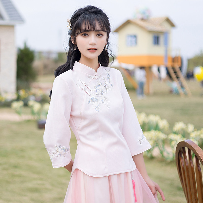 パーティードレス 中華風刺繍入りチュールスカート切替ワンピース