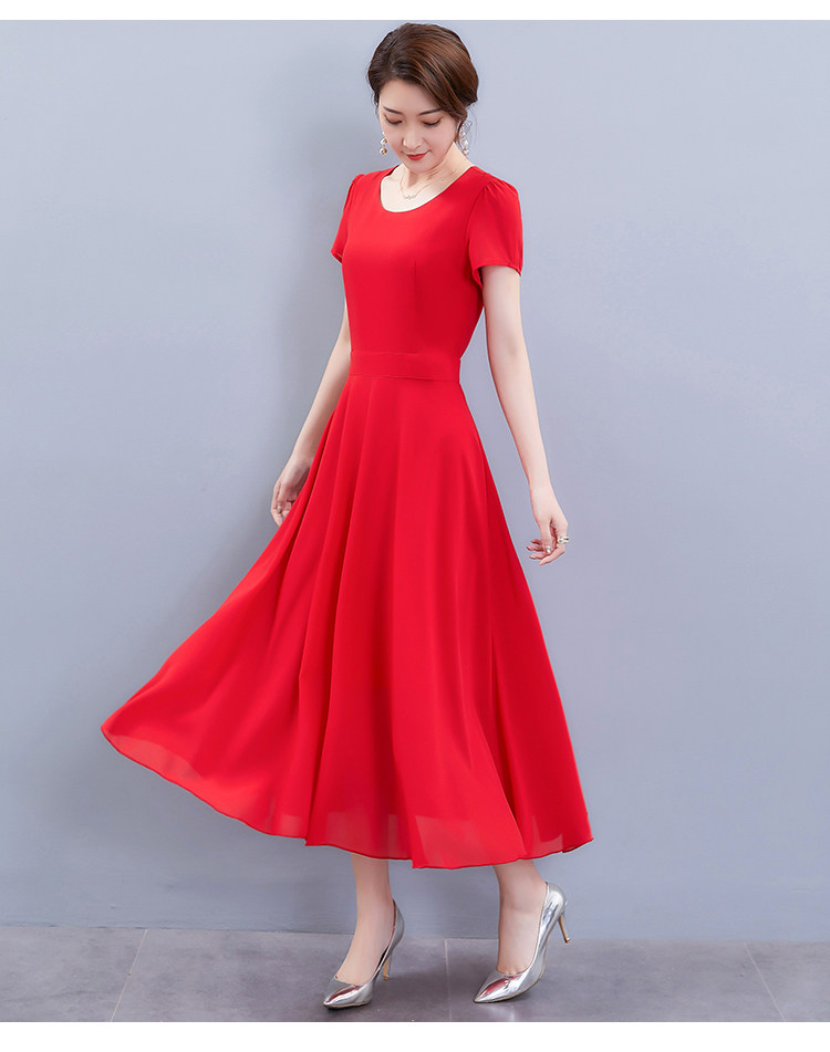 パーティードレス パフスリーブ丸首フレア裾ミモレ丈ワンピース