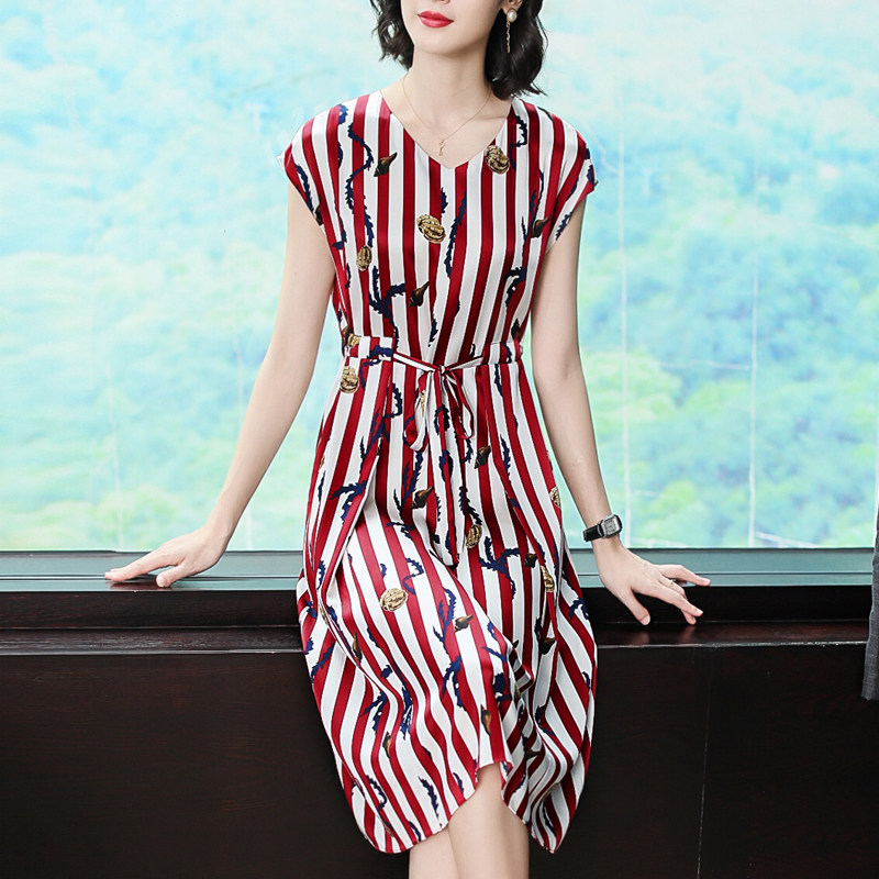 パーティードレス ストライプ柄マリン刺繍ウエストリボンワンピース