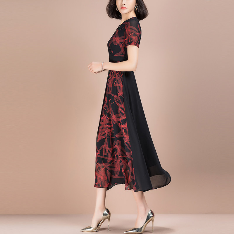 パーティードレス 花柄切替デザイン半袖ミディ丈ワンピース