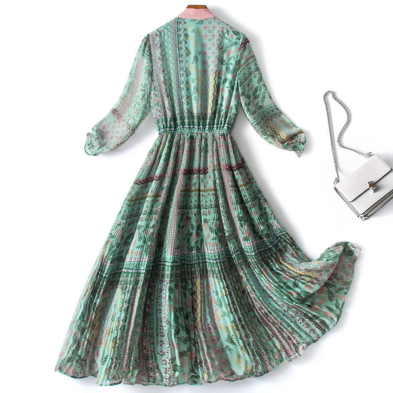 パーティードレス リボンタイ付きボタニカル柄プリーツロングワンピース