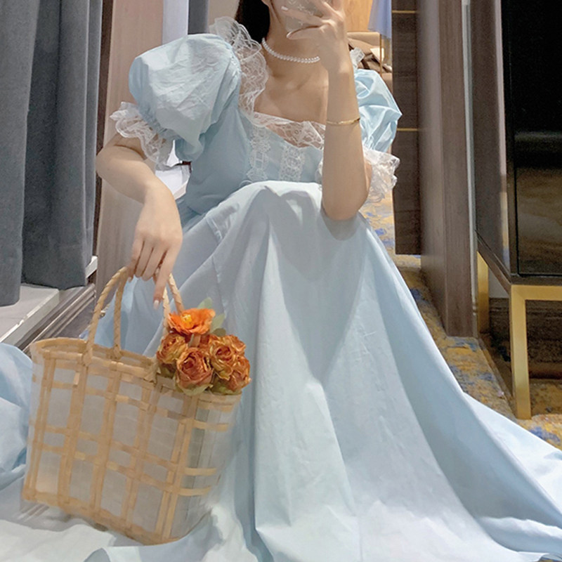 パーティードレス オフショルダーパフスリーブレース切替ワンピース