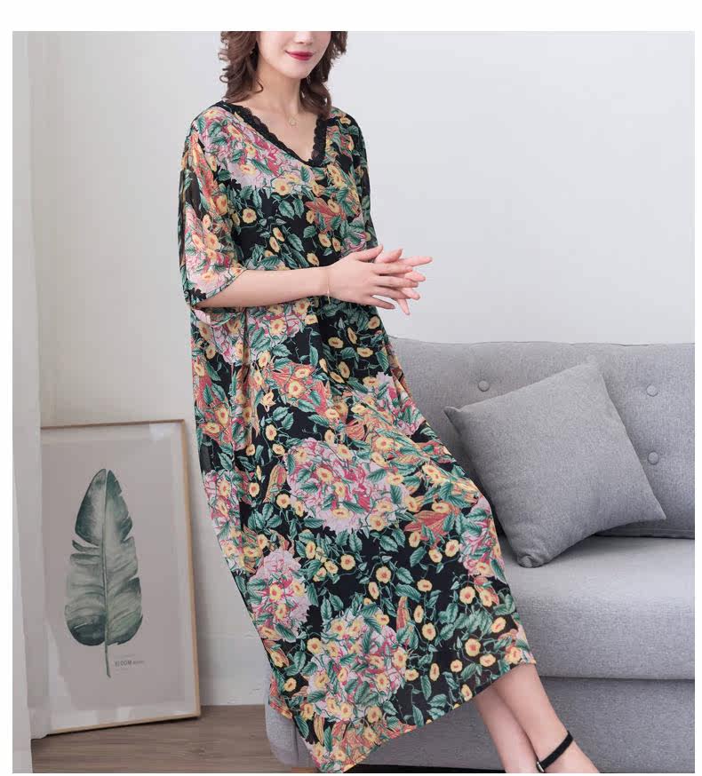 パーティードレス 花柄ボタニカル五分袖ゆったりロング丈ワンピース