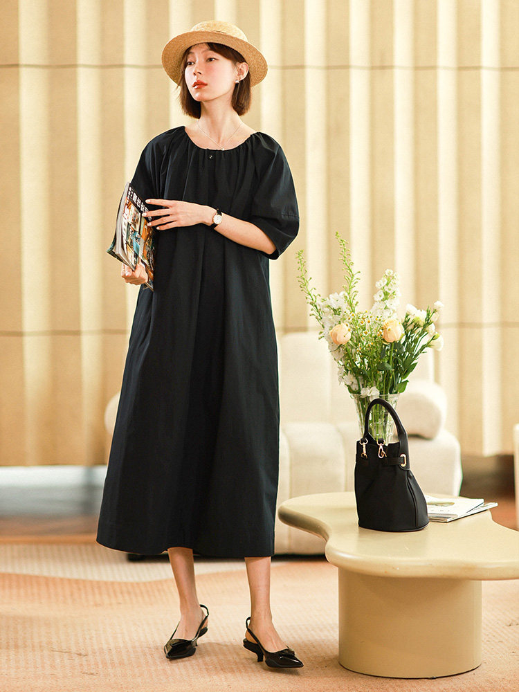 パーティードレス ギャザーネック半袖ウエストリボンミディ丈ワンピース