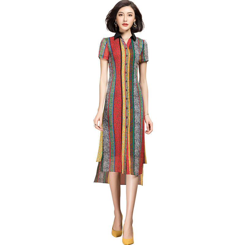 パーティードレス 縦縞柄襟付き半袖ミディ丈ワンピース