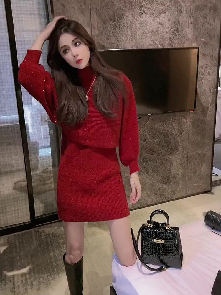 パーティードレス 肩開きニットミニ丈ラメワンピース